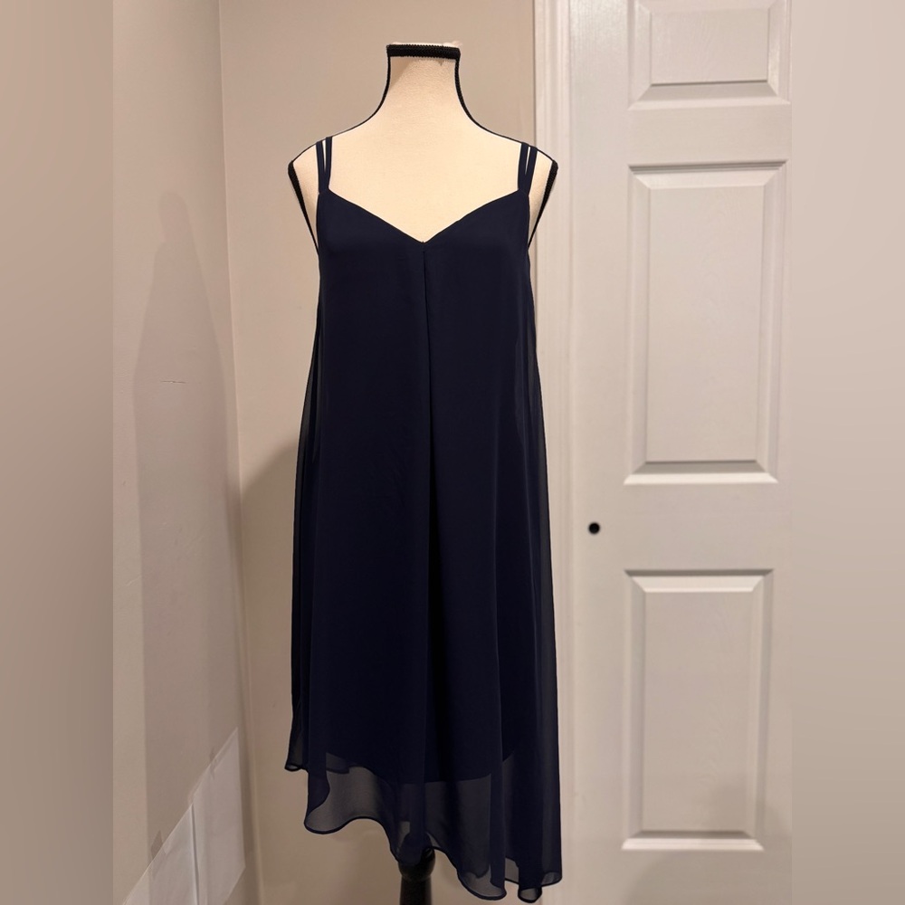 NWT- White House Black Market Navy Asymmetrical Chiffon Dress- Size 4